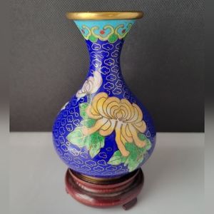 Vintage Blue Flower Miniature Chinese Cloisonne Enamel Vase w/ Wood Base